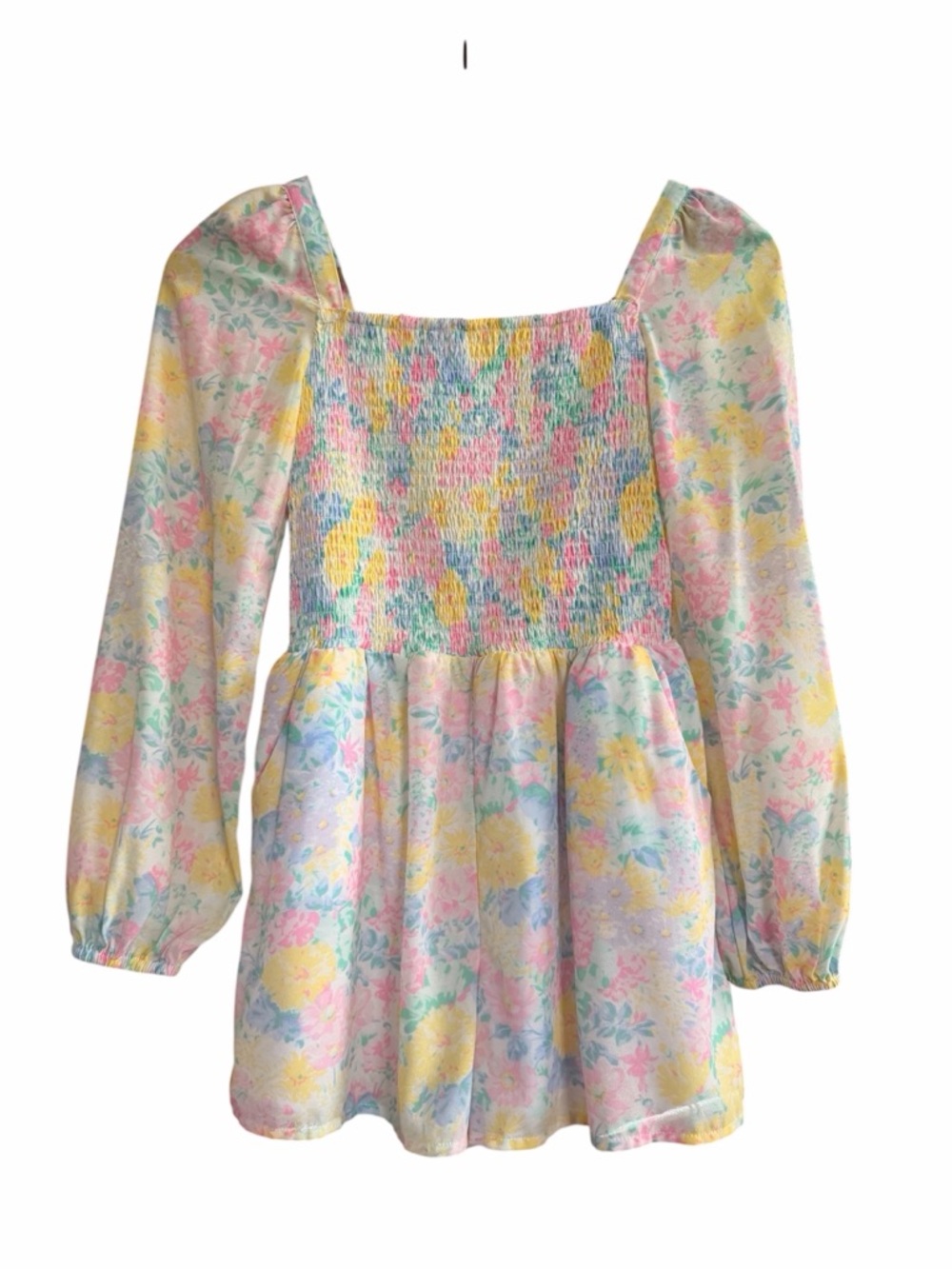 Janie and Jack Pastel Floral Smocked Puff-Sleeve Top — Pink, Yellow, Blue